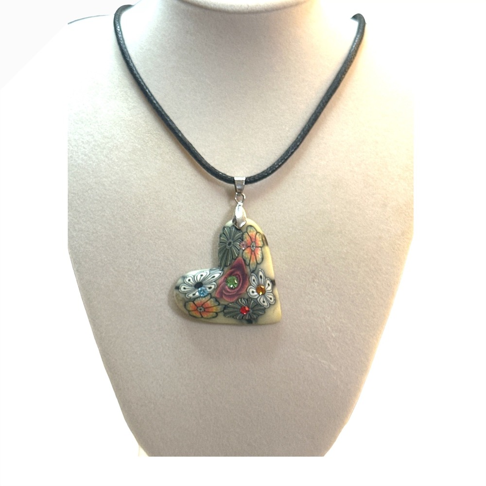 Floral Heart Pendant Necklace Millefiori Style Flower Rhinestone Black Cord Boho